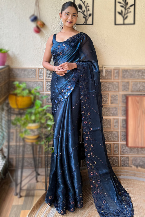 Navy Blue Organza Embroidered Sequin Saree