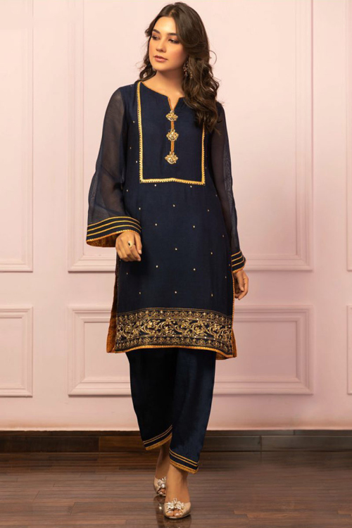 Navy Blue Organza Straight Cut Embroidered Patiala Suit
