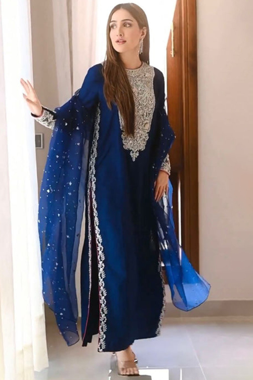 Navy Blue Organza Zari Embroidered Straight Cut Churidar Suit