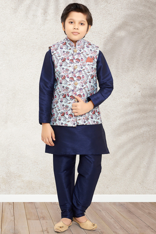 Navy Blue Plain Dupion Silk Jacket Style Boy's Kurta Pajama 