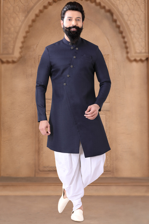 Navy Blue Plain Silk Dhoti Style Men's Sherwani