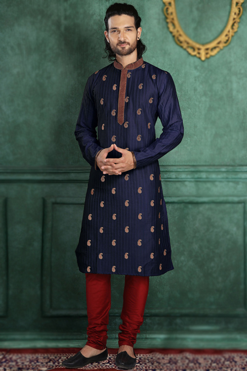 Navy Blue Poly Cotton Embroidered Men's Kurta With Churidar