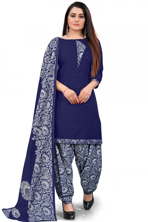 Navy Blue Printed Cotton Straight Cut Casual Wear Patiala Suit 