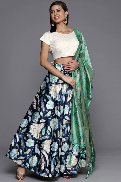Navy Blue Printed Satin Silk A Line Lehenga 