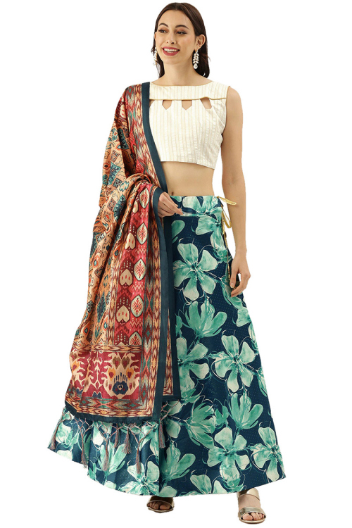Navy Blue Printed Silk A Line Style Lehenga 