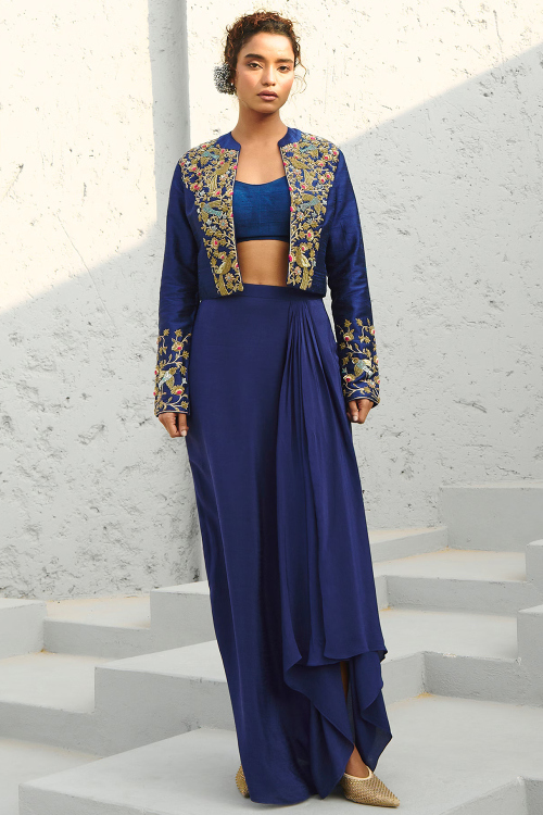 Navy Blue Raw Silk Dhoti Lehenga with Zardosi Work for Cocktail Parties
