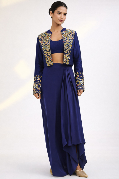 Navy Blue Raw Silk Dhoti Lehenga with Zardosi Work for Cocktail Parties