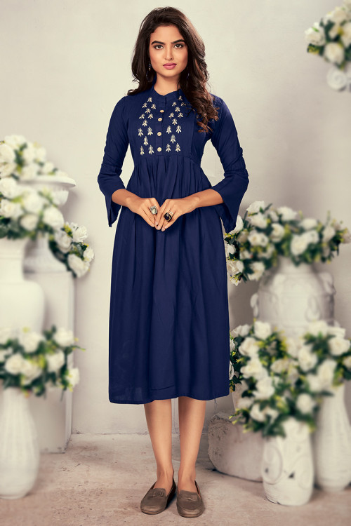 Rayon Kurti with Zari Embroidery in Navy Blue for Party 