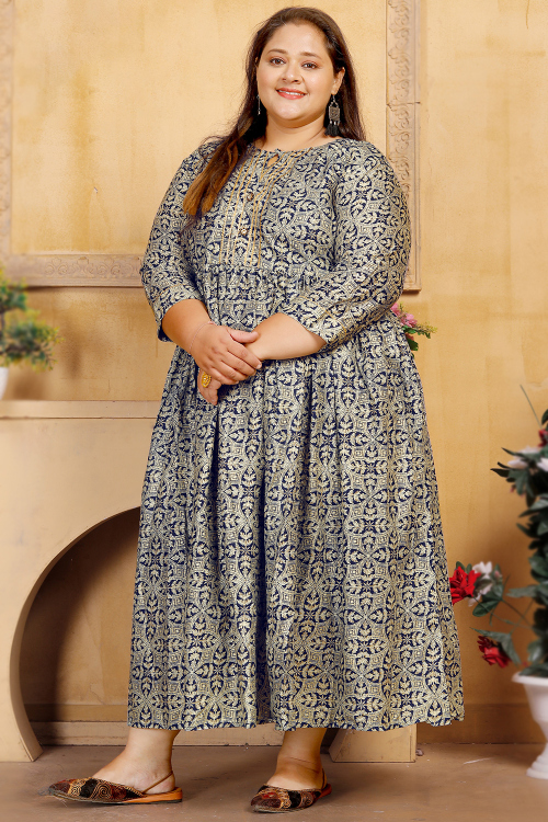Navy Blue Rayon Frock Style Kurti With Printed Work For Casual Wear