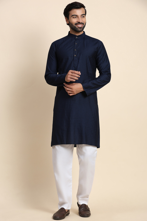 Navy Blue Rayon Plain Straight Cut Men's Kurta Pajama 
