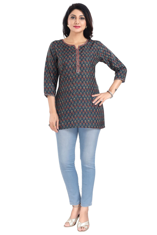 Navy Blue Rayon Printed Short Kurta For Women