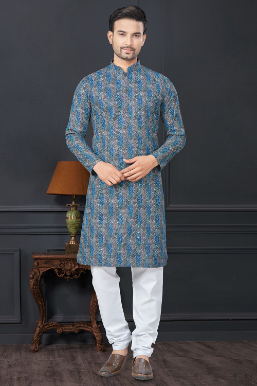 Navy Blue Rayon Straight Cut Embroidered Men's Kurta Churidar