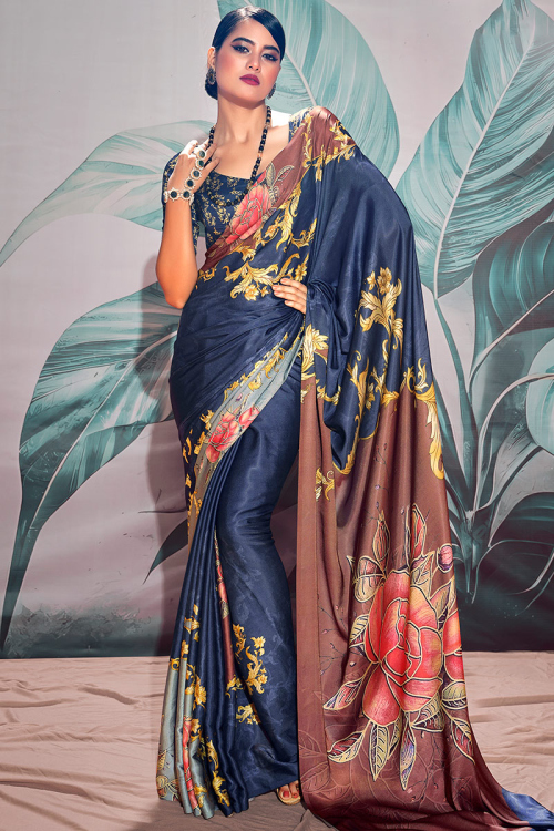 Navy Blue Satin Crape Printed Casual Wear Saree 
