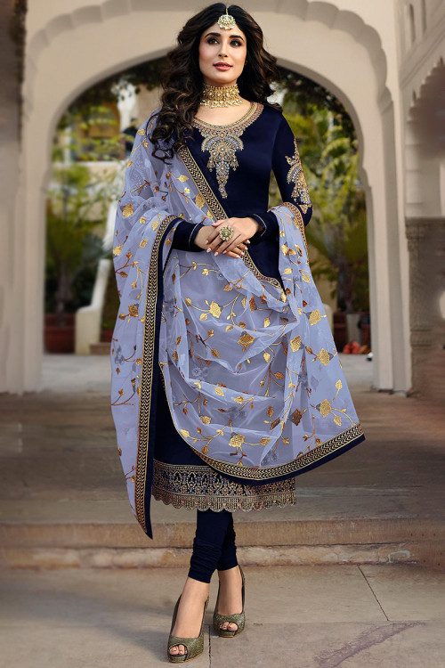 Navy Blue Satin Embroidered Churidar Suit For Sangeet 