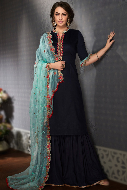 Navy Blue Cotton Silk Embroidered Straight Cut Sharara Suit