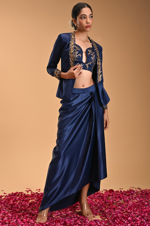 Navy Blue Satin Lehenga with Zari Work for Cocktail Party