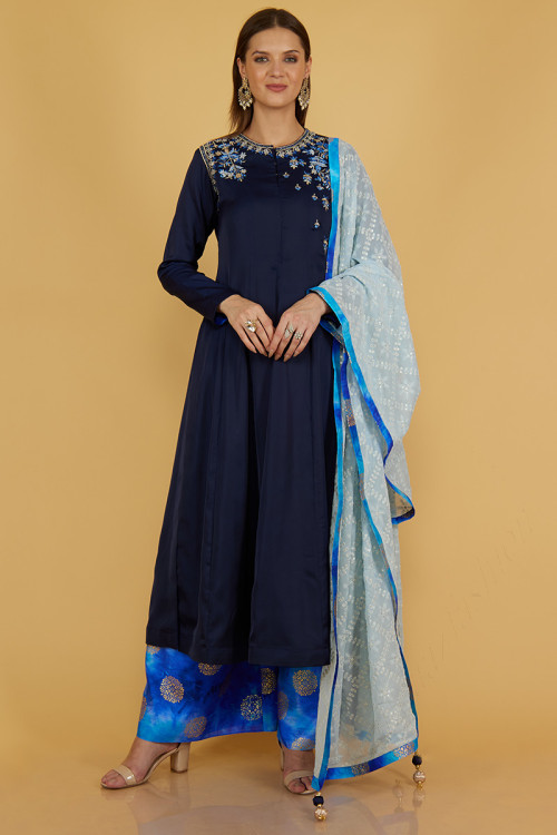 Navy Blue Satin Silk Embroidered Trouser Suit for Eid