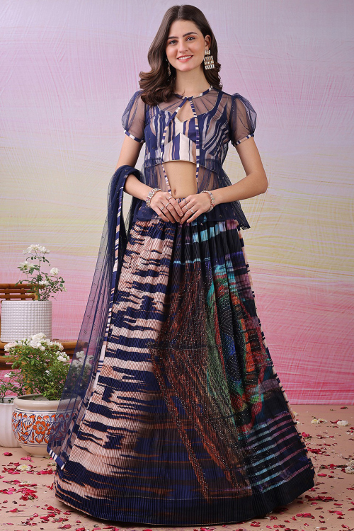 Navy Blue Satin Silk Flared Lehenga With Printed Work
