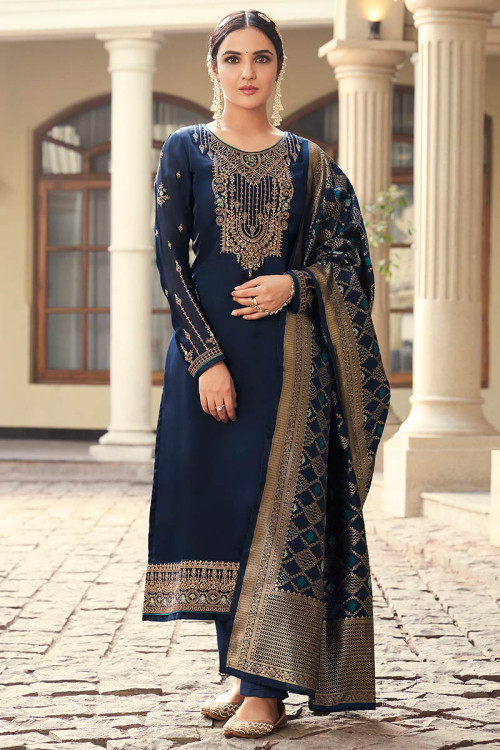 Navy Blue Georgette Straight Pant Embroidered Trouser Suit