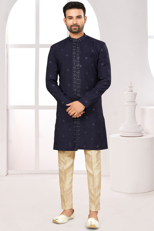 Navy Blue Sequins Embroidered Art Silk Men's Sherwani