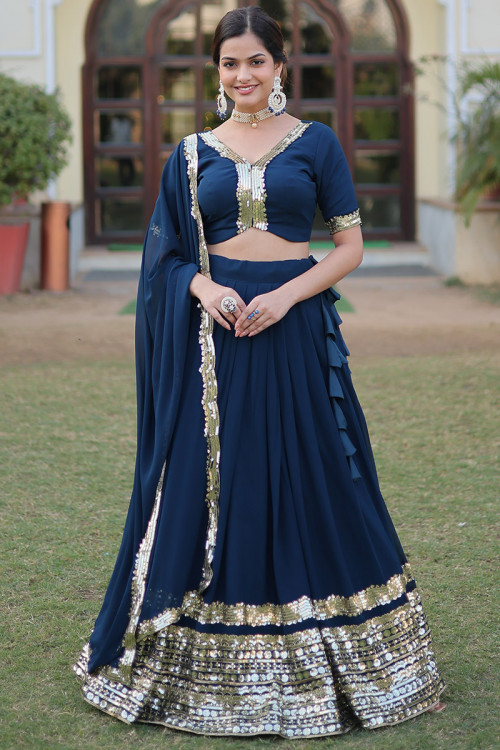 Navy Blue Sequins Embroidered Georgette Lehenga For Sangeet 