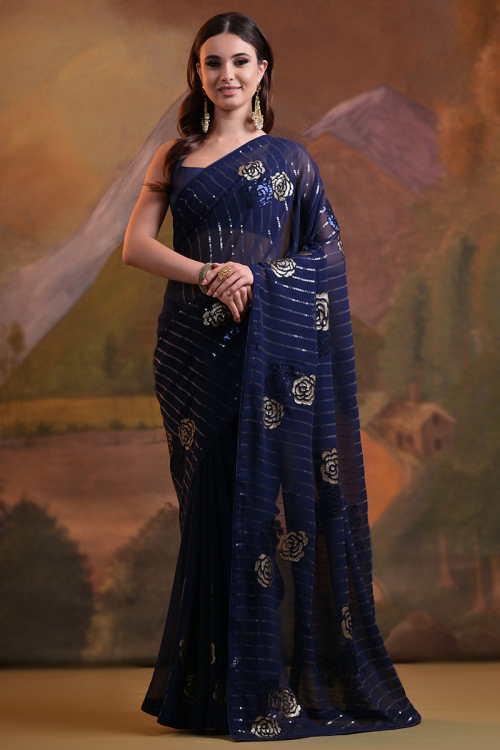 Navy Blue Sequin Embroidered Lightweight Georgette Saree