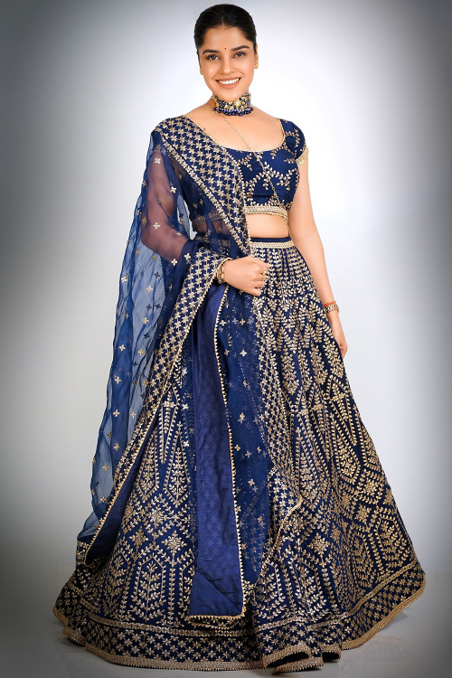 Navy Blue Silk Blend Embroidered Flared Style Lehenga For Wedding 