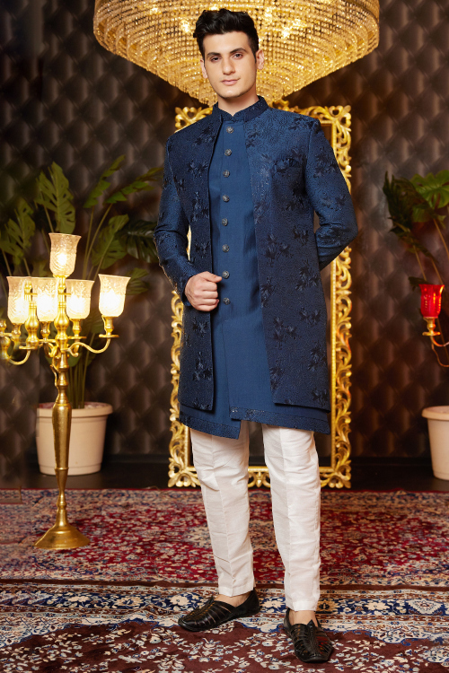 Navy Blue Silk Blend Embroidered Jacket Style Men's Sherwani