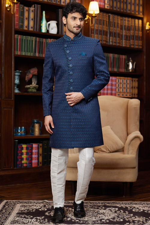 Navy Blue Silk Blend Embroidered Straight Cut Men's Sherwani