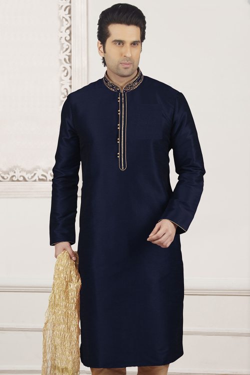 Navy Blue Silk Blend Men's Kurta With Zari Work For Wedding