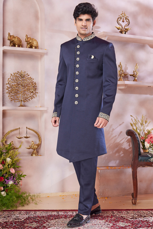 Navy Blue Silk Blend Men's Sherwani with Embroidered for Wedding