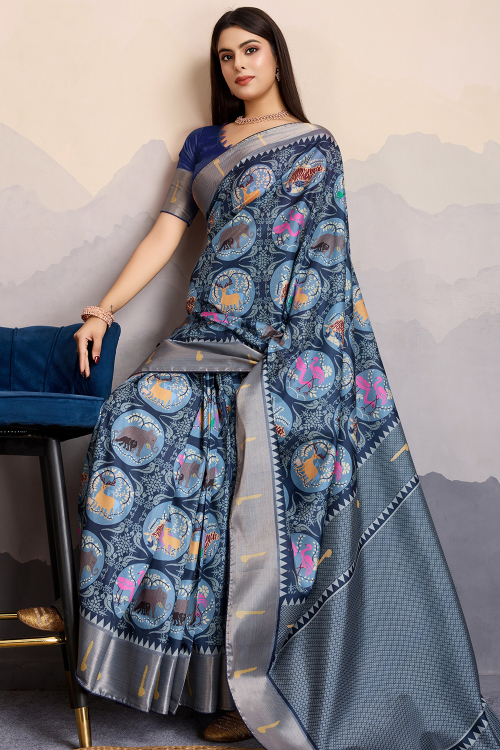 Navy Blue Silk Blend Saree with Woven Zari Work for Diwali 
