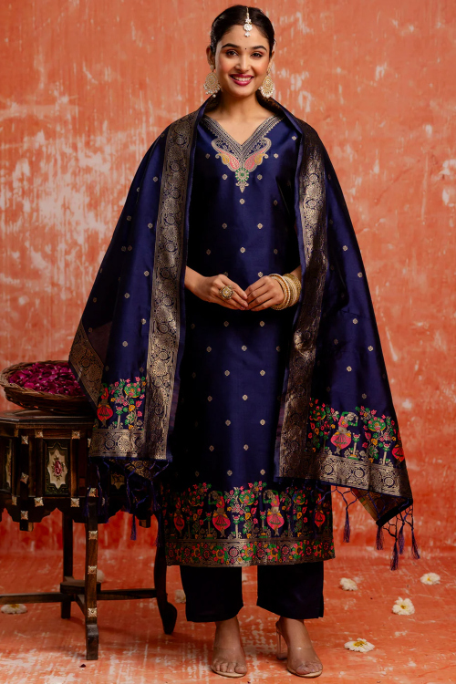 Navy Blue Art Silk Straight Pant Suit With Weaved Work For Diwali