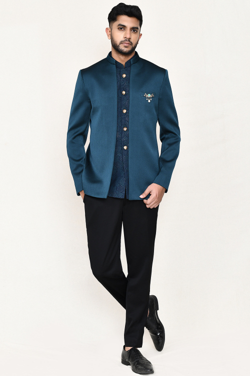 Navy Blue Silk Blend Weaved Ready Made Men's Sherwani With Jhodpuri Style Jacket