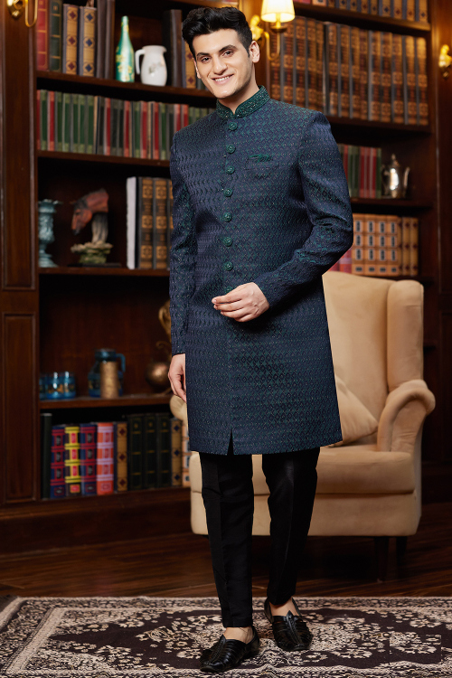 Navy Blue Silk Blend Weaved Straight Cut Men's Sherwani