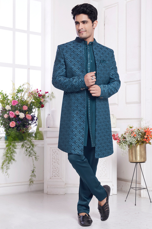 Navy Blue Silk Blend Weaved Work Men's Sherwani for Sangeet