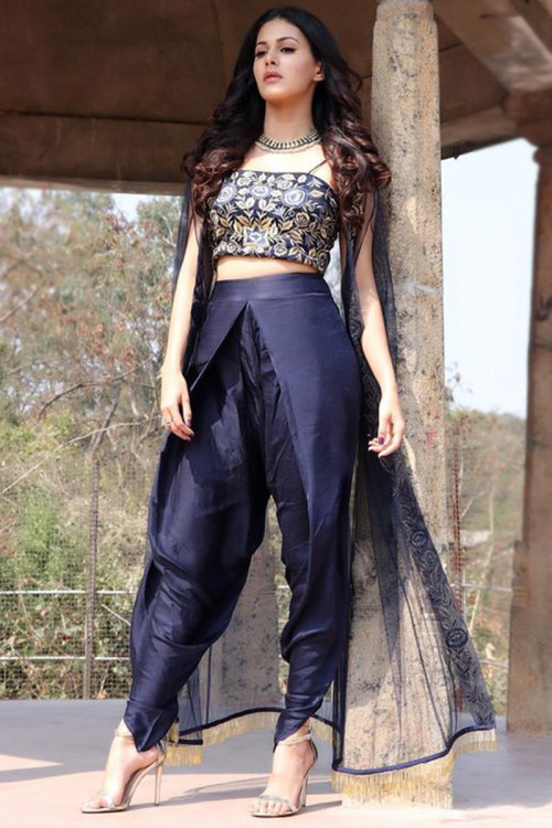 Navy Blue Silk Dhoti Style Pant With Embroidered Crop Top
