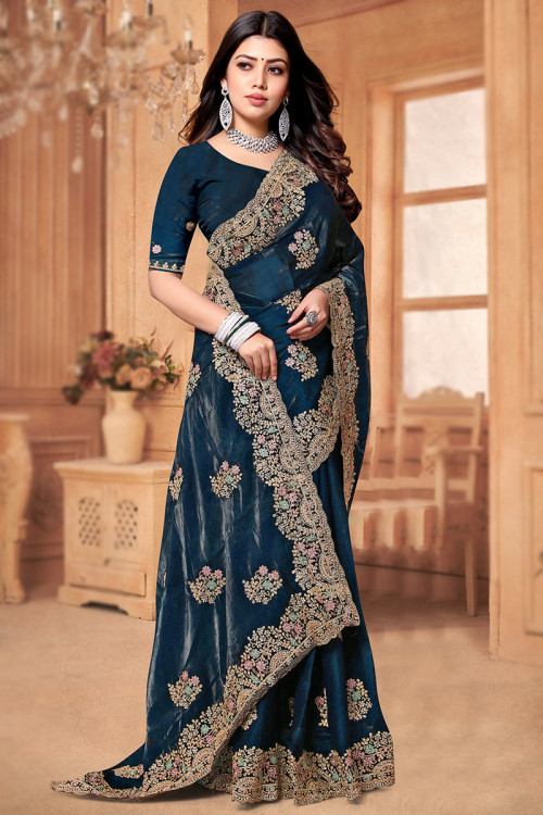 Net Embroidery Saree In Navy Blue Colour - SR4690433