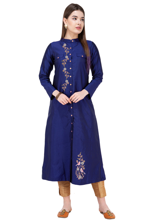 Navy Blue Silk Embroidered Ready Made Cigarette Pants Suit