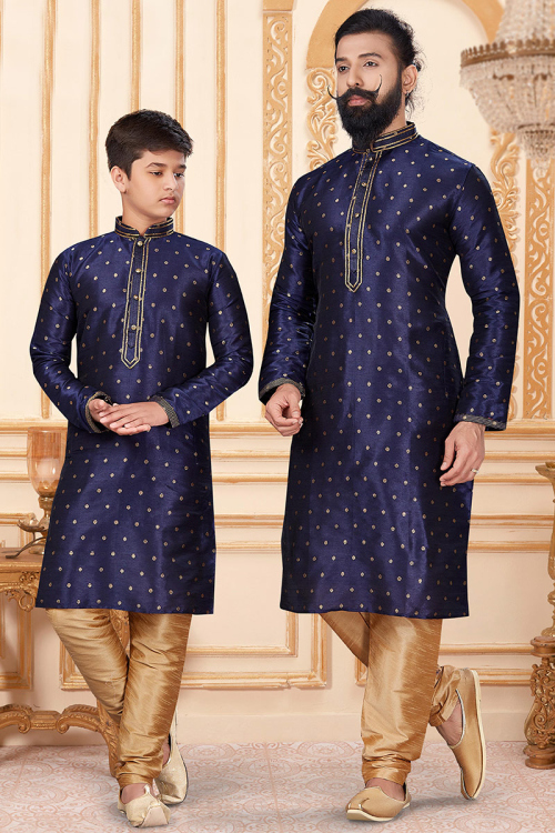 Navy Blue Silk Embroidered Father-Son Duo Kurta With Churidar