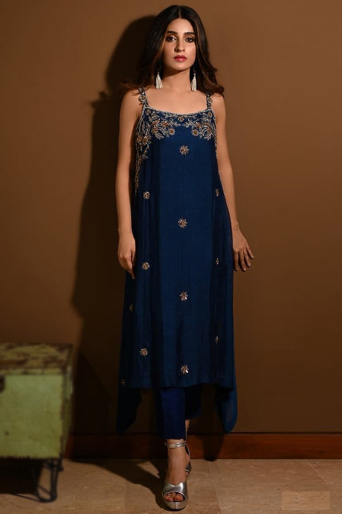 Blue Color Soft Net Material Sleeveless Pant Style Salwar Suit With Thread  Work
