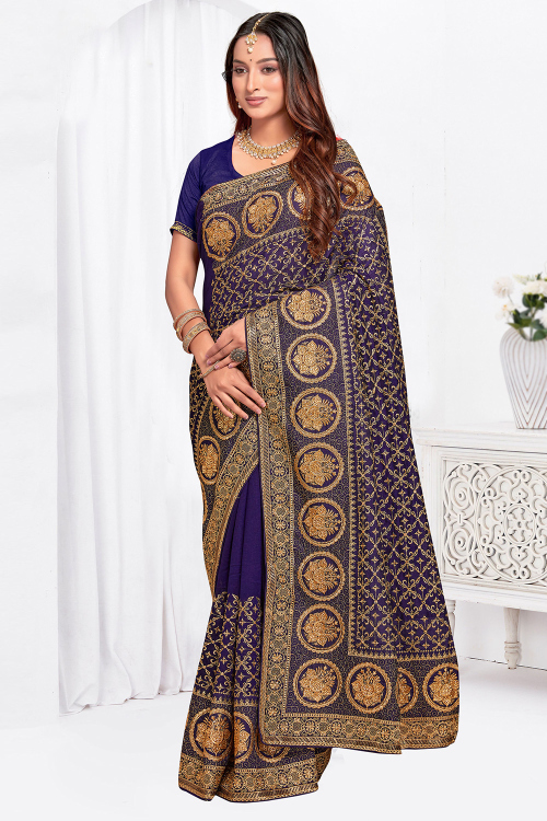 Navy Blue Silk Embroidered Light Weight Saree 