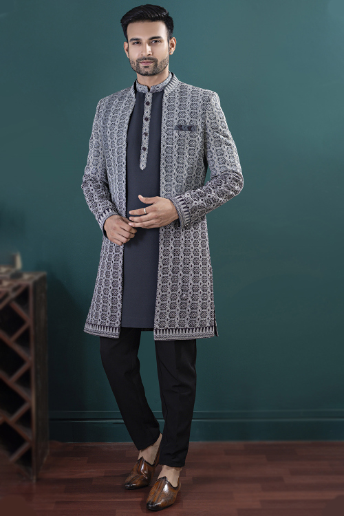 Navy Blue Silk Embroidered Men's Kurta Pajama With Jacket