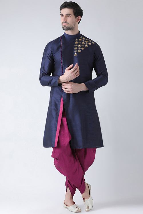Navy Blue Silk Kurta Dhoti with Beads and Zari Embroidery