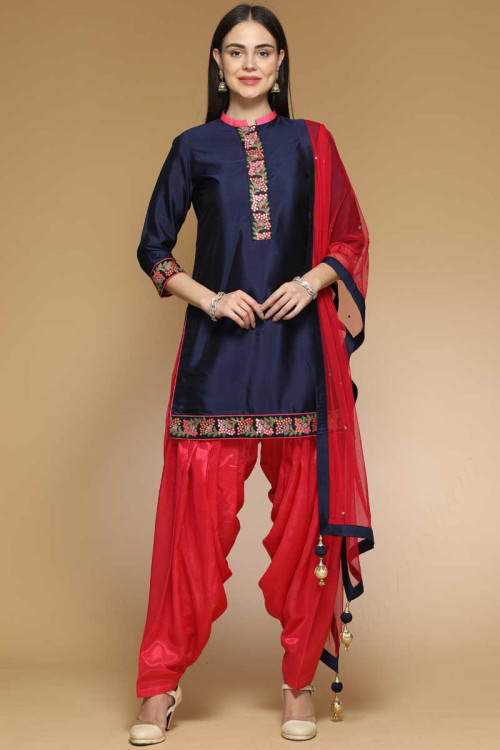 Navy Blue Silk Embroidered Patiala Suit for Eid