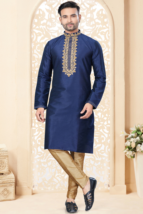 Navy Blue Silk Embroidered Straight Cut Men's Kurta Pajama