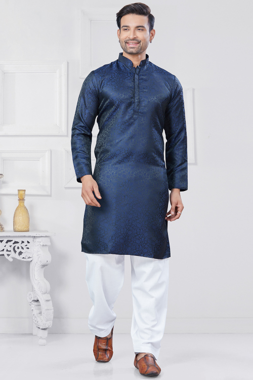 Navy Blue Silk Handloom Straight Cut Men's Kurta Pajama 