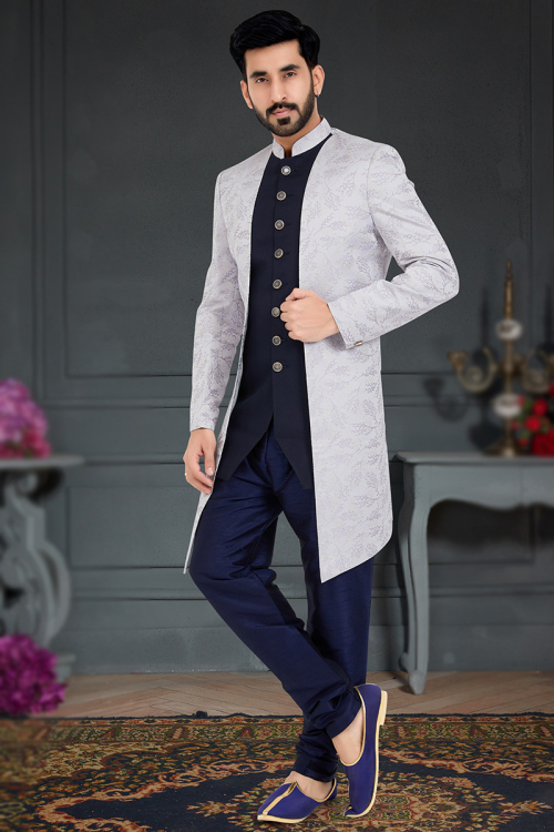 Jacket Style Men Sherwani in Silk Navy Blue for Sangeet