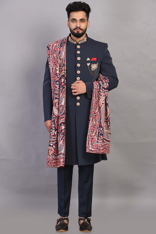 Navy Blue Silk Men Embroidered Sherwani