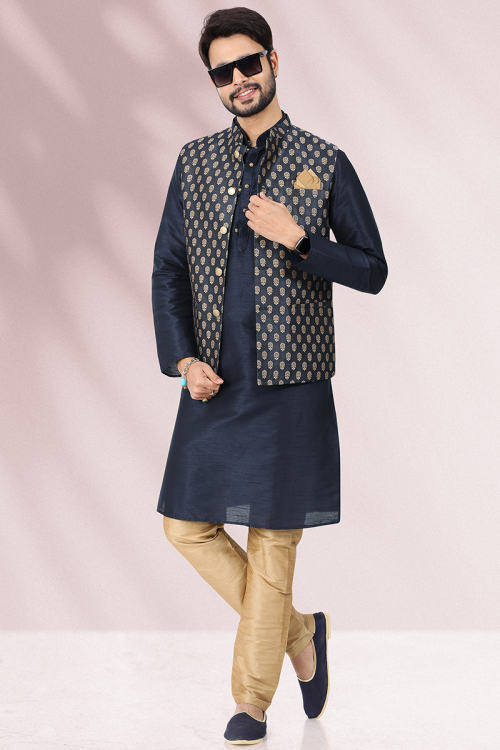 Navy Blue Traditional Silk Men Kurta Pajama for Party 